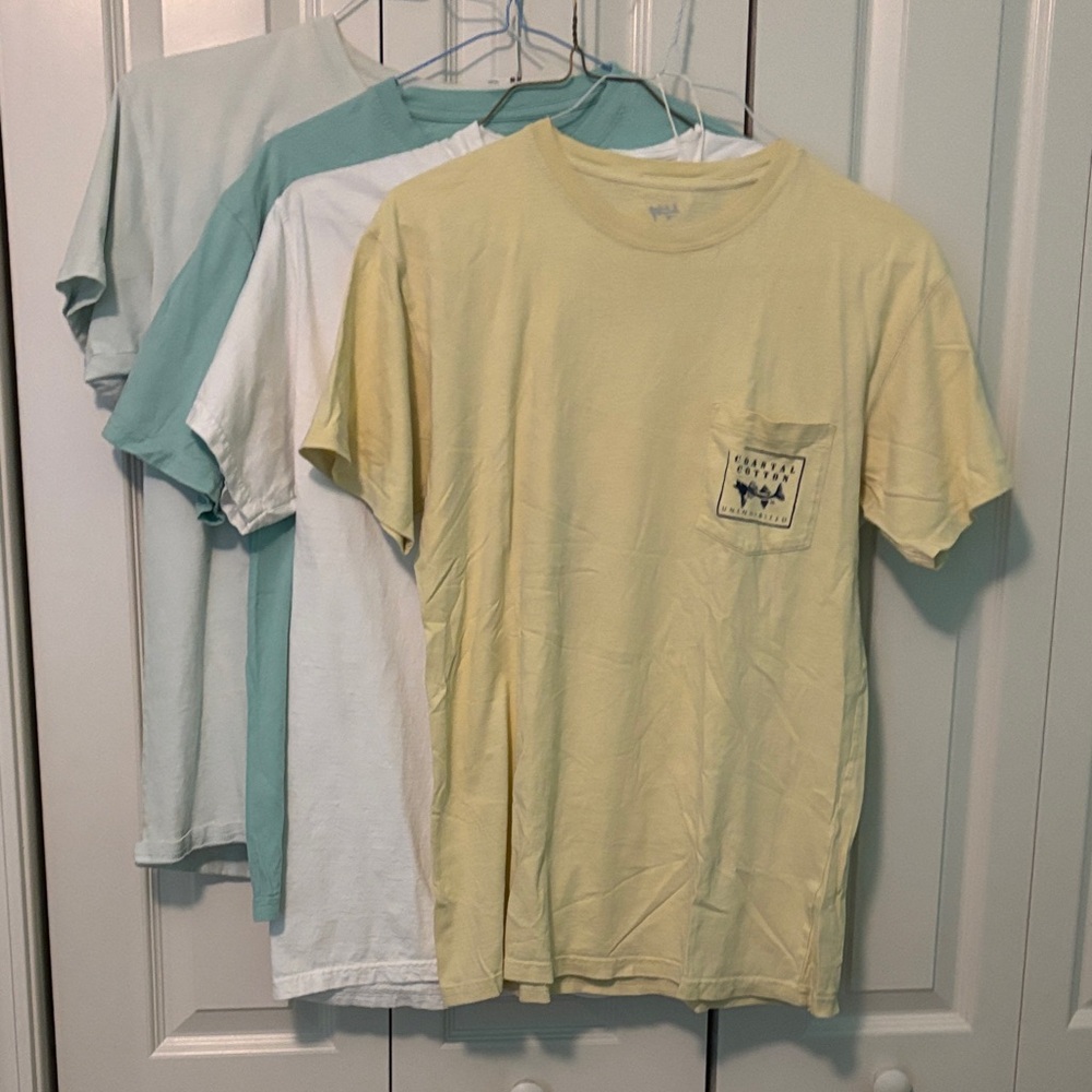 Men’s Yellow, White, Green and Off White Graphic Tee-Shirts. Size Medium